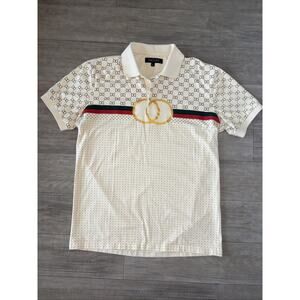 PAVINI Men's Polo Shirt White Red Green Striped Geometric Logo Italian Design